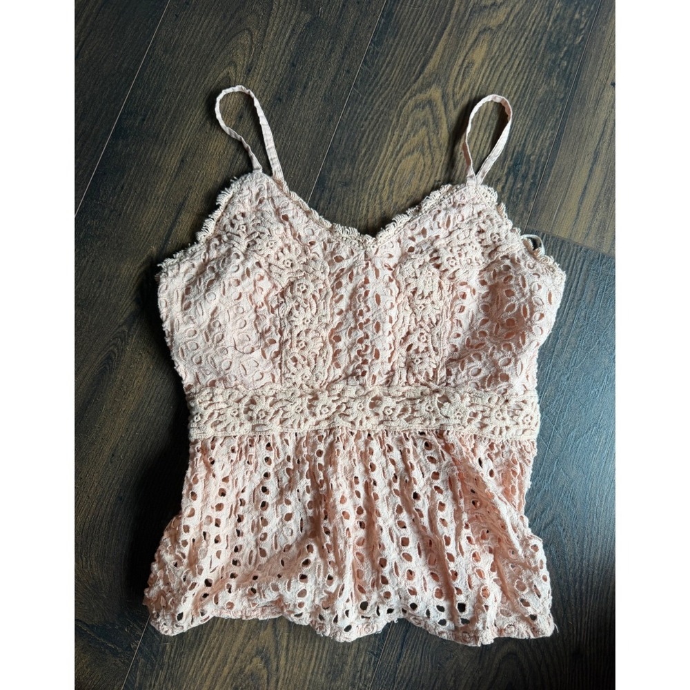 Joyous Peach Cotton Eyelet Peplum Camisole Boho Lace Crochet Tank Top Small 0007